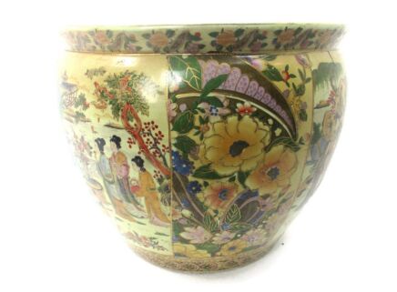 XL Vintage Chinese Porcelain Enamel  Koi Fish Bowl Planter Vase   Cachepot Geisha