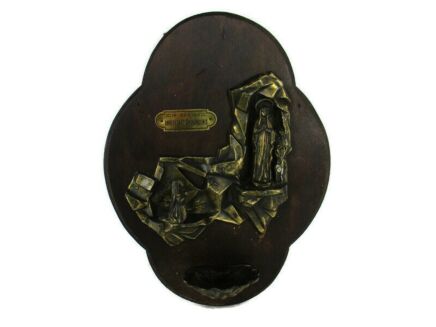 Art Deco Wall Holy Water Font Vessel  Blessed Virgin Mary  Bernadette Brass on Wood Oostakker Lourdes France  Collector