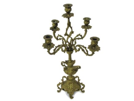Gorgeous Brass Ornate Embossed Candle Holder Stick Candelabra 5 arm Gold Painted