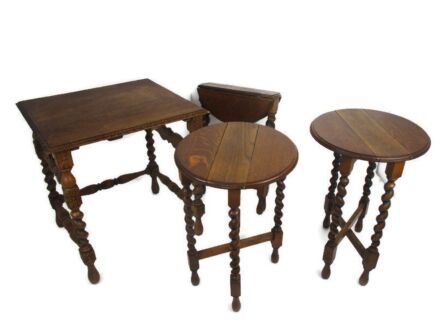 Barley Twist Set Wood Side Occasional Wine Coffee Table Pedestal Plant Stand pliable Set of 4 tables!! Barn Style 3 pliable nesting tables