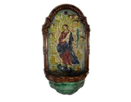 Holy Water Font Wall Hanging Vessel Terra Cotta Virgin Mary Madonna Infant Child Angels