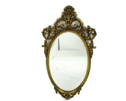 Large Ornate Oval Brass Wall Hanging Mirror Romantic Hollywood Regency Flower Basket Beveled Glass