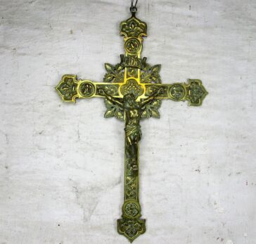 Ornate Hanging Wall Crucifix Brass Jesus Christ 4 Evangelists Neo Gothic 17" HTF