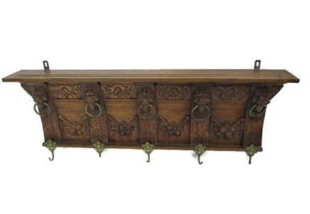 Gothic Stunning Hand Carved Wood Oak Coat Kitchen hat Rack Lion Heads Rings WOW