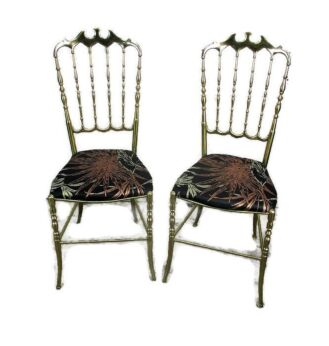 Vintage Authentic Pair Couple Chiavari Chairs Brass Italian Hollywood Regency