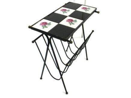 Vintage Mid Century Modern Magazine Newspaper Basket Side Table Roses Tiles