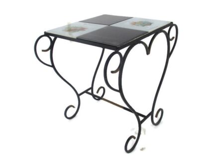 Vintage Small Side Table Plant stand Ceramic tiles Checkered pattern Wrought Iron Funky Nordic Modernist