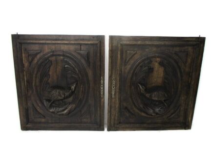 Pair Antique Hand Carved Oak Pheasants Door Panels Reclaimed Architectural