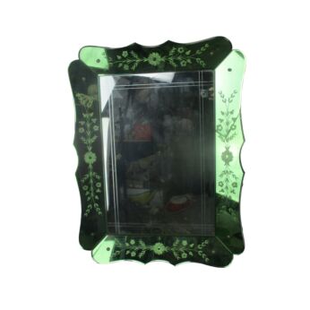 Green Uranium Clear Mirror Ornate Etched Cut to Clear Glass Art Nouveau HTF WOW