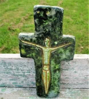 Small Mid Century Design Modernist Green Ceramic Crucifix era Amphora Perignem
