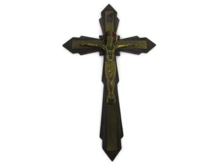 Vintage Ornate Brass Red Enamel Wall Hanging Crucifix French Large 16.73"