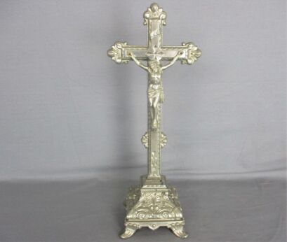 Vintage Standing Table  Crucifix Jesus Christ Cross Ornate  Spelter Silver Colored 15.94"