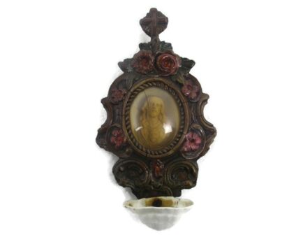 Antique  Holy Water Font Vessel Black Forest Ornate Wood hand Carved  Pink Flowers Jesus Head