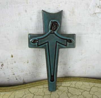 Small Mid Century Modern Ceramic Modernist Crucifix Blue Era Amphora Perignem
