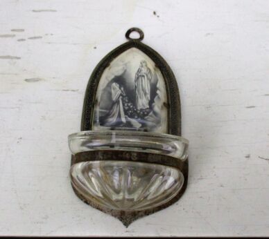 Vintage Aluminium Holy Water Font Our Lady of Lourdes France Wall Hanging