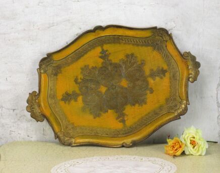 Italian Mid Century Hollywood Regency Florentine Serving Tray Yellow Gold Resin