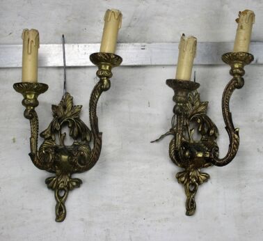Pair Couple Vintage Ornate Brass Two-Arm Double Wall Sconce Light Lamp Sleeves