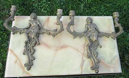 Vintage Brass Ornate 2 Double Wall Mount Candle Holders Putti Angels