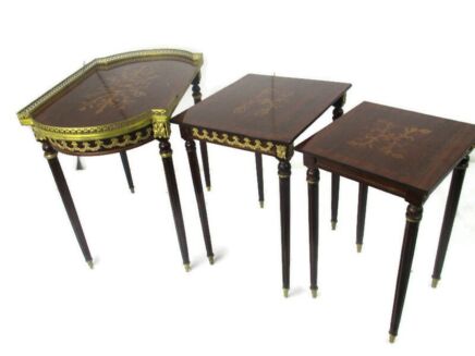 set of 3 Vintage Nesting Stacking Coffee Side Tables Brass Marquetry Italy Italian Hollywood Regency Gorgeous