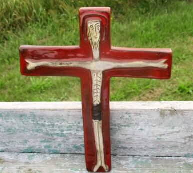 Lovely Mid Century Design Ceramic Modernist Crucifix era amphora Perignem Red
