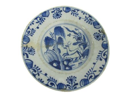 19th Century Delft Wall hanging Charger Plate Blue White Antique Deer