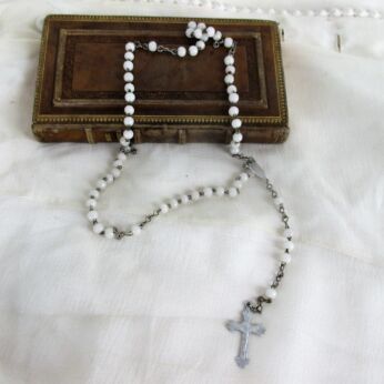 Vintage Rosary Catholic Child Girl Necklace Prayer White Small Beads Sweet