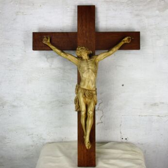Large hanging Wall Crucifix Wood Plaster Art Nouveau Corpus Jesus Christ HTF