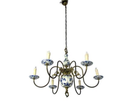 Delft Blue White Porcelain Ornate Brass Chandelier Dutch 6 Arm 6 Lights Country