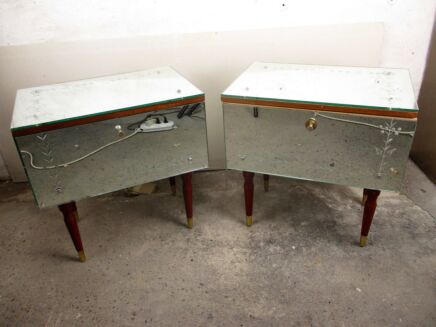 Pair French Vintage Etched Glass Mirrored Nightstands End tables Cabinets HTF
