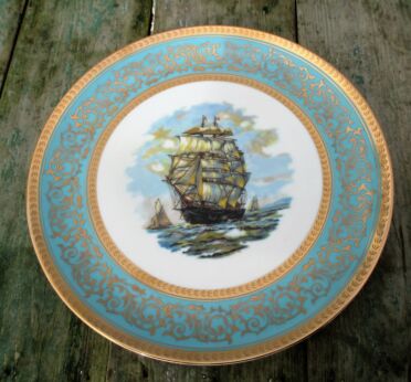 Collector Plate Bavaria S & W Germany Sailing Boat Gold Gilt Blue Porcelain