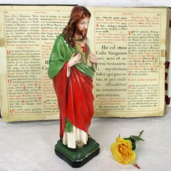 Small Statue Jesus Christ Sacred Heart Polychrome Plaster Figurine 12.20"