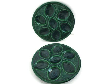 Pair French Oyster Plates Porcelain Faience Majolica Green Glazed Vintage