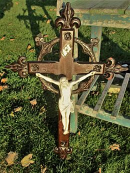 Large Antique Hand Carved Wood Hanging Crucifix Cross Porcelain Christ 31.5"