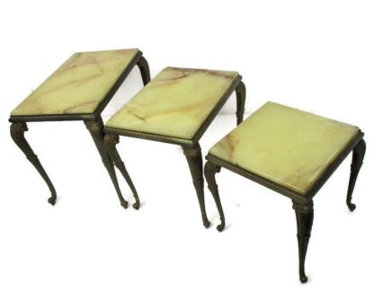 Set of 3 Nesting Stacking Coffee Side Tables Marble Brass Hollywood regency