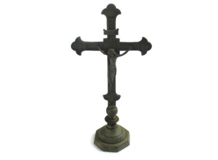 Small Brass Table Standing Crucifix Cross Ornate Lovely Jesus Christ French Fleur de Lis Lys 12"