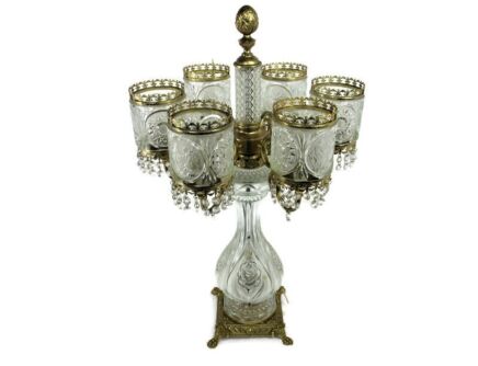 Parlour Table Desk Lamp 6 Lights Brass Etched Glass  Crystal Hollywood Regency  Gorgeous WOW