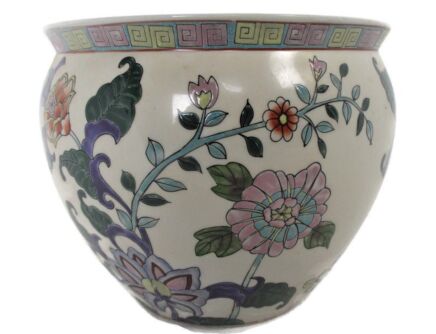 Vintage Chinese Porcelain Enamel  Koi Fish Bowl Planter Vase Butterflies Flowers Cachepot