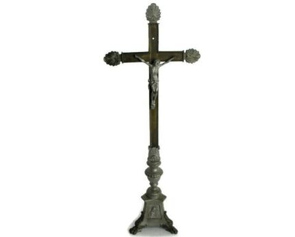 Large Mid century Vintage Standing Crucifix Jesus Christ Cross Ornate Rare Altar Spelter Beautiful 27.55"