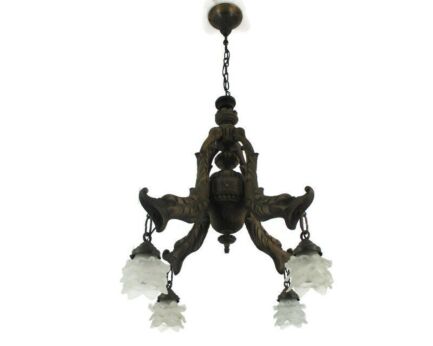 Hand Carved Wooden Chandelier 4 arm Lights Barn Country Farmhouse Style Fish