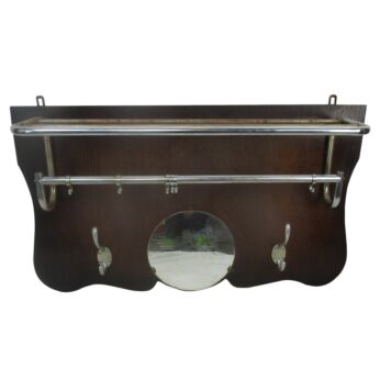 Vintage French Wooden Coat Hat Rack  Art Deco Paris Bistrot Round Mirror