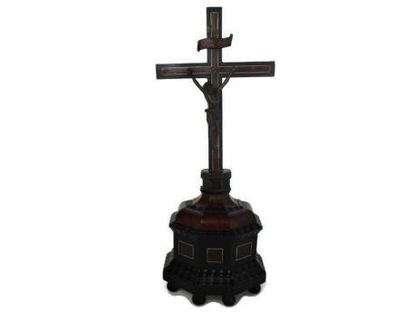 French Antique 19th C Standing Church Crucifix Wood Turtle Exquisite Christ Mother of Pearl