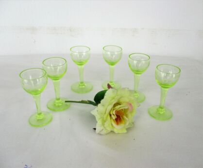 6 antique small shot glasses Green Yellow Etched Glass