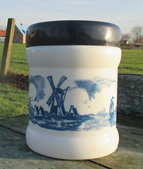 Vintage Kitchen Jar Opaque Milk Glass Dutch Landscape Windmill Blue White