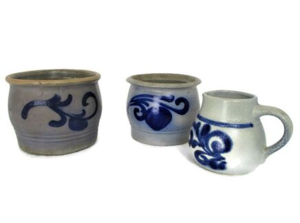 3 small Antique French Stoneware Earthenware Crock Jars Lard Cobalt gray Planters Flower Pots Herbs Farmhouse Country Barn Cottage Style