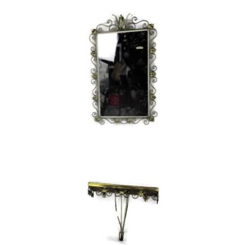 Maison Deknudt Demi Lune Console Top Brass Ornate Mirror Hollywood Regency Set