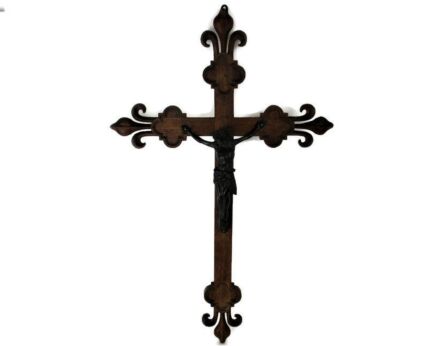 XL Hand Carved Wood Hanging Ornate Church Chapel Crucifix French Fleur de Lis Faux Brass Spelter  Corpus 33.46"