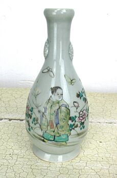 Small Antique Chinese Famille Rose Porcelain Vase Celadon Butterfly 6.1"