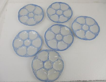 BLue  White Set of 6 French Oyster Plates Porcelain Faience Vintage Scalloped