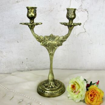 Vintage Brass Ornate Double Candle Holder Candelabra Patina Embossed