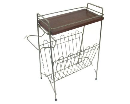 Vintage Mid Century Modern Magazine Newspaper Basket Side Table Funky Wrought Iron Wooden Top Modernist